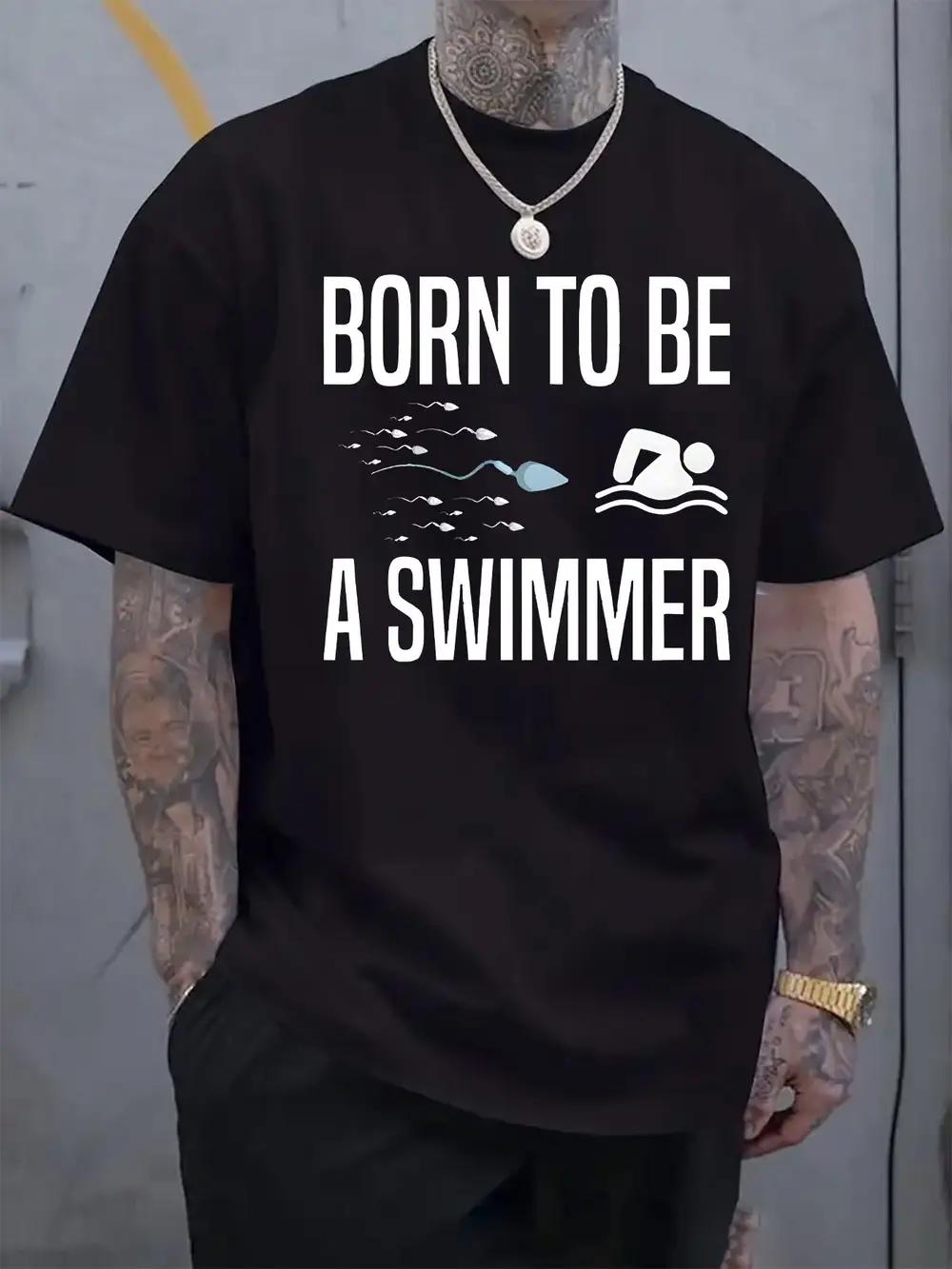 

Born to Be a Swimmer Graphic T-shirt - Light Gray Crew Neck Tee with Swimming Print XXXL