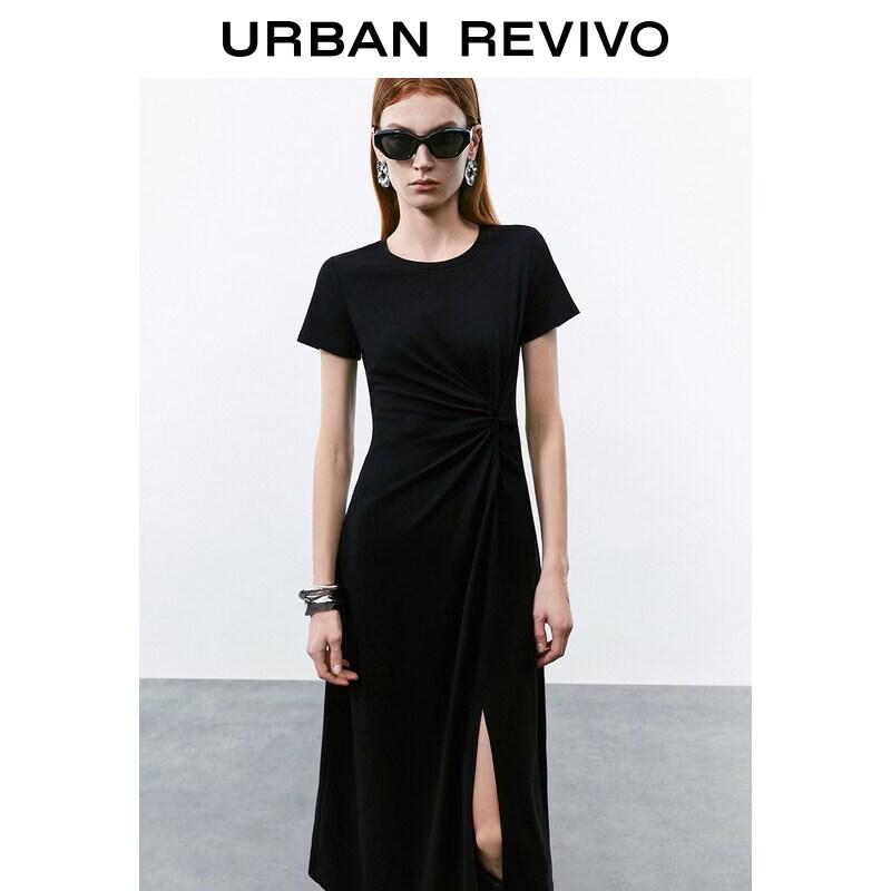 

UR2026 Women s Pleated Round Neck Slim Dress L