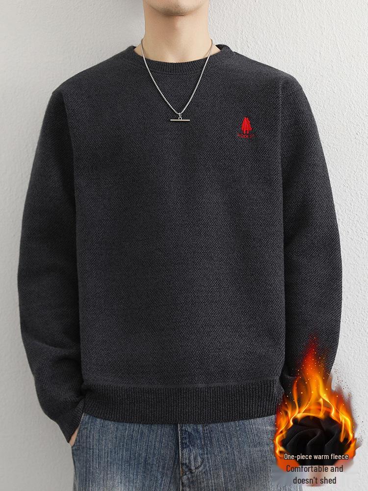 Men's Youth Velvet Thickened Wool Sweater - Embroidered, Warm, Trendy Round Neck Knitwear for Autumn and Winter