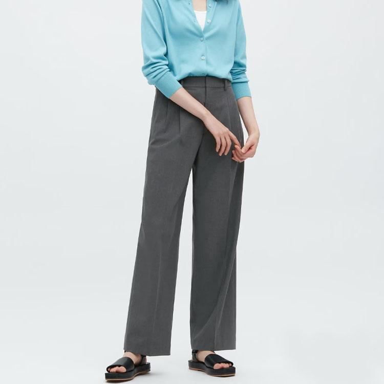 UNIQLO Solid Color Pleated Loose Wide Leg Casual Pants Women bottoms Lead-Gray 458505-06