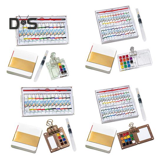Mini Watercolor Paint Box Pocket Artist Travel Set 8/15-Color Palette Walnut Wood Metal Clip Portable Watercolor Pen