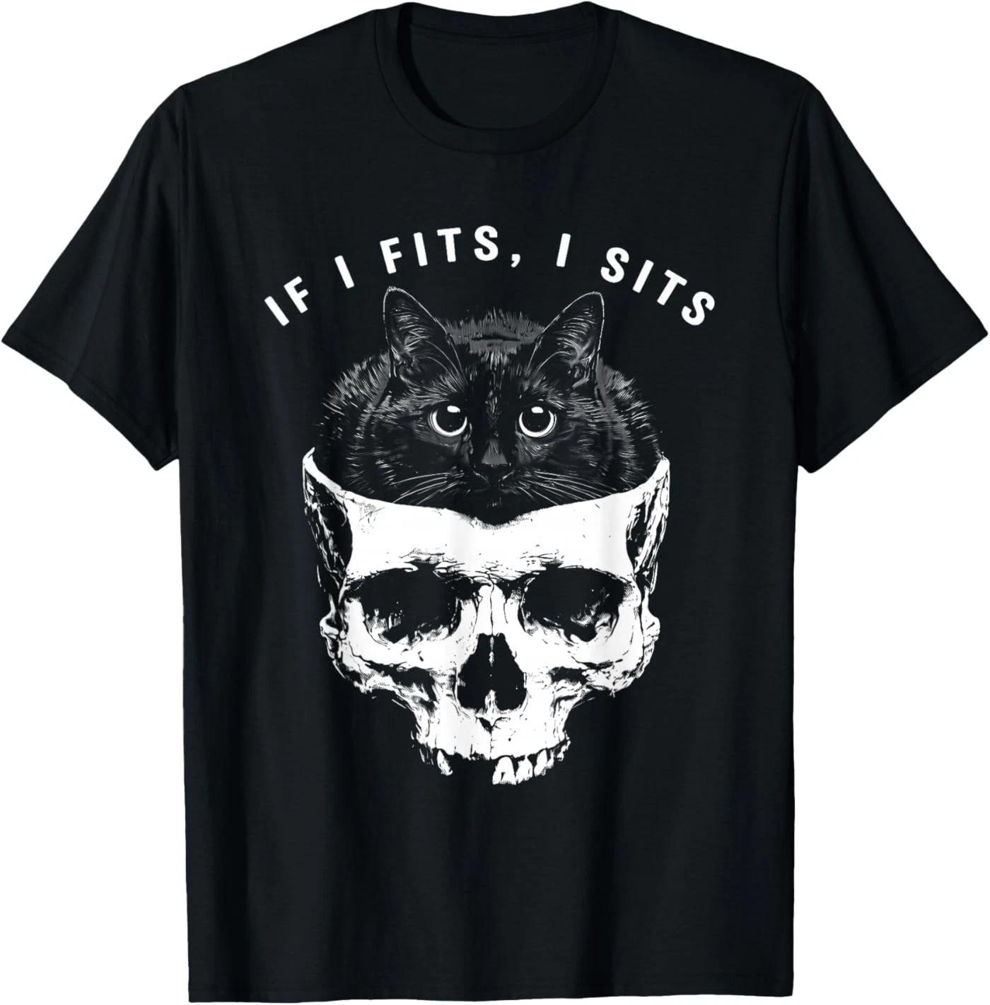 If I Fits I Sits Black Cat Skull Gothic Dark Humor T-Shirt S