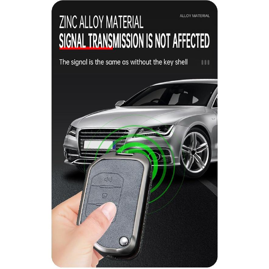 SANRILY Gray Metal Leather 3 Button Flip Key Fob Cover Fit for Jeep Wrangler JL JLU Gladiator JT Rubicon Sahara JLU 2018-2022 Keyless Key Holder with