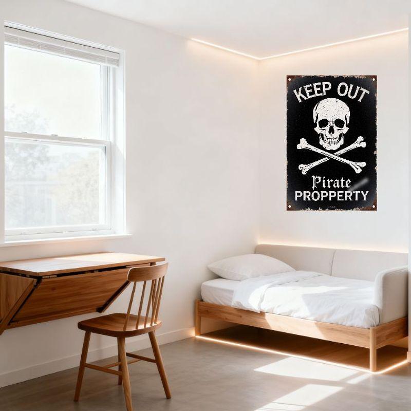 Vintage Weathered Skull Crossbones 'KEEP OUT PIRATE PROPERTY' Metal Tin Sign for Bar Man Cave Home Decor, Rustic Aged Black Meta