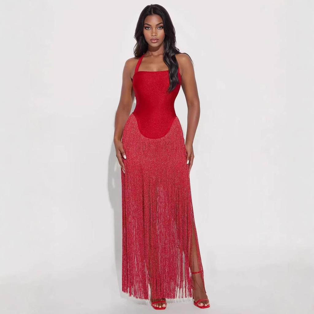 European & American Tassel Halterneck Bodycon Bandage Dress