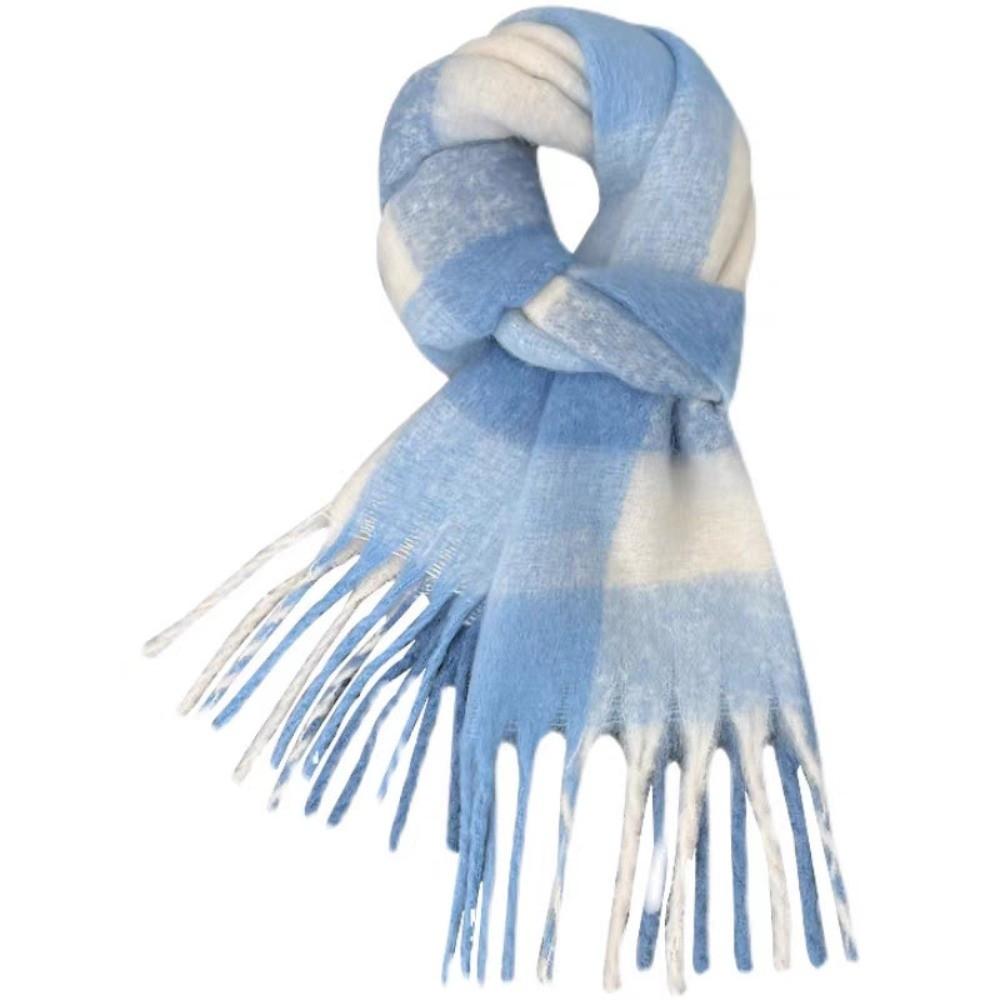 Tartan Checkered Plaid Fringe Scarf Long Tassels Blue Checkered Muffler Couples Matching