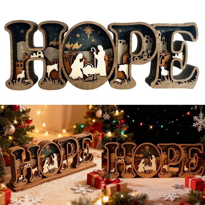 Handcrafted HOPE Letter Wooden Table Sign with Nativity Scene Carved Ornament Home Decors Safe Nontoxic Decoration