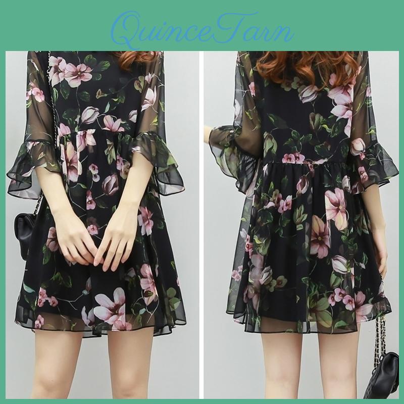 Dress Print Floral Sweet Chiffon Lotus Leaf Sleeve Midlength Slim Womens Round Neck Aline Skirt Holiday Beach Dress Lightweight