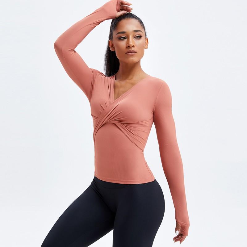 Womens Long Sleeve V-Neck Workout Top Breathable Stretch Yoga Shirt Running Fitness Gym