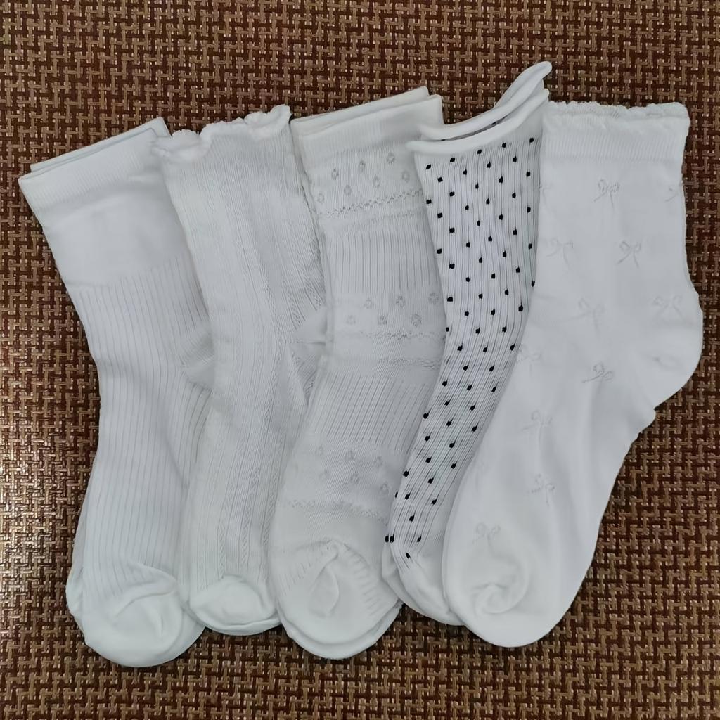 5-Pair Women's Spring Summer Mid-Calf Socks - Vertical Stripes & Polka Dots Suitable for Outdoor, Casual,, - Girly Lace Trim Tunic Socks