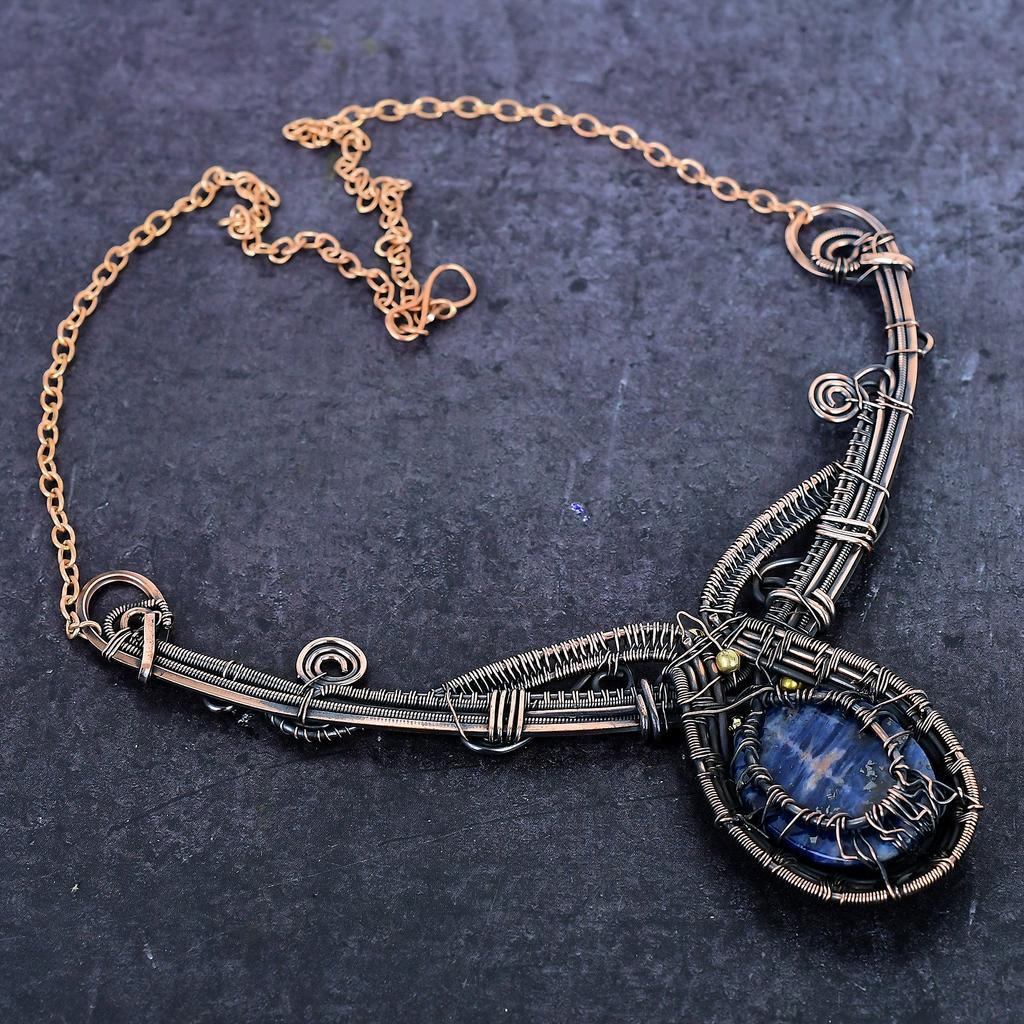 Sodalite Gemstone Handmade Copper Wire Wrap Jewelry Necklace 18" ET-4948
