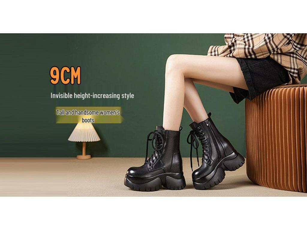 Women's Small Leather Martin Boots - Black British Style, High-Heel, Short, 2025 Autumn/Winter