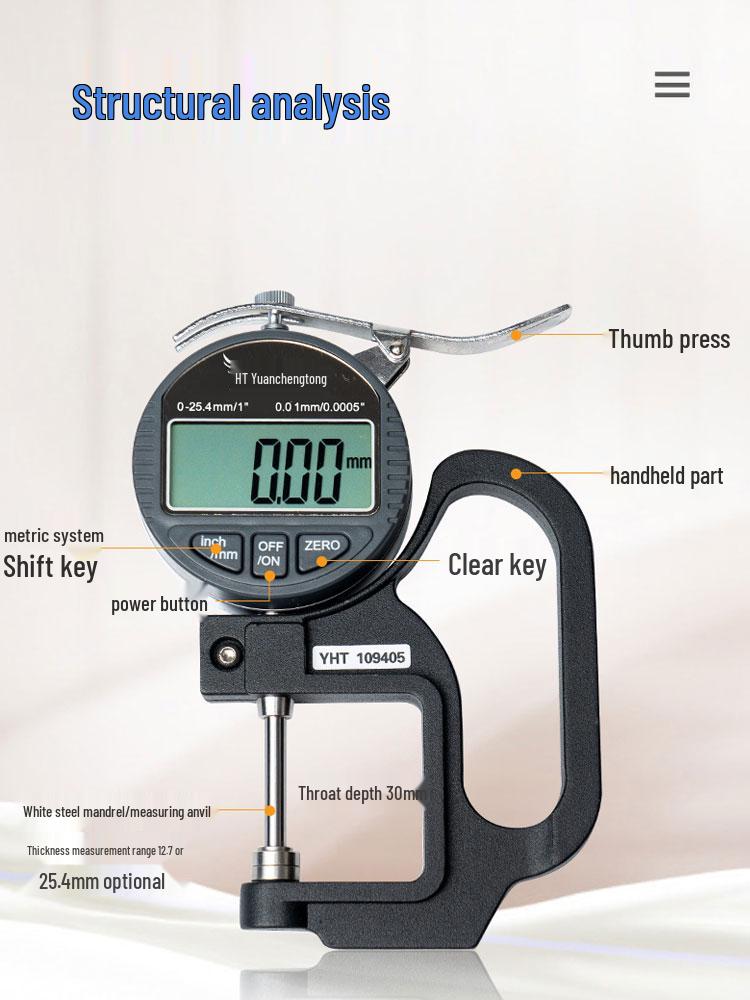Yuan Hengtong Digital Flat-head Micrometer: High-Precision Paper, Film, Fabric Thickness Gauge.
