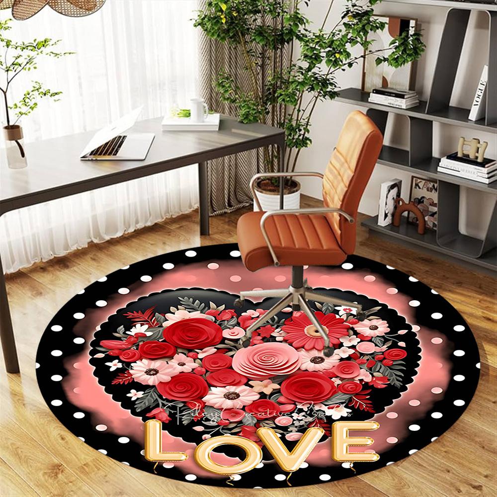 1pc Floral Love Round Chair Mat Area Rug - Non-Slip, Floor Mat for Office, Bedroom, and Indoor Decor -1002239