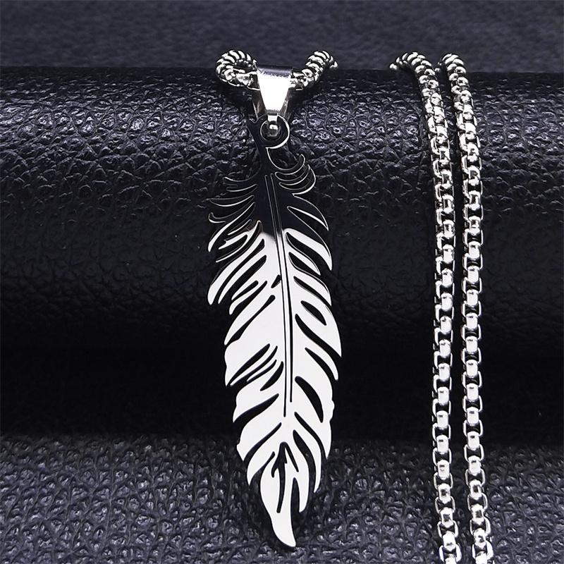 Boho Feather Pendant Male Necklace for Women Men Stainless Steel Silver Color Leaf Chain Jewelry Gift Collar Hombre N3393S01