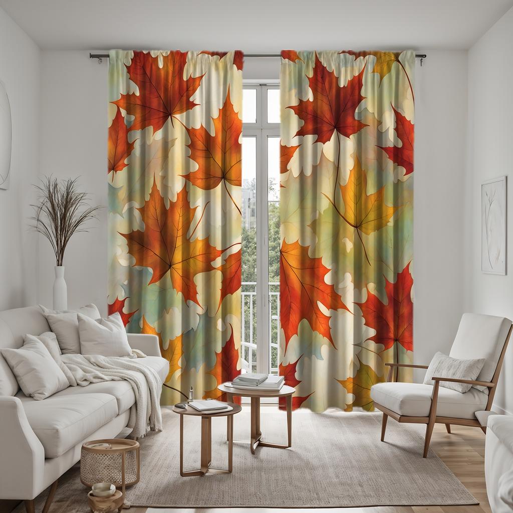 2 bucăți de frunze de arțar roșu de toamnă HD, perdea decorativă, perdea galbenă cu imprimeu digital, decorațiune stil decorațiune casă l