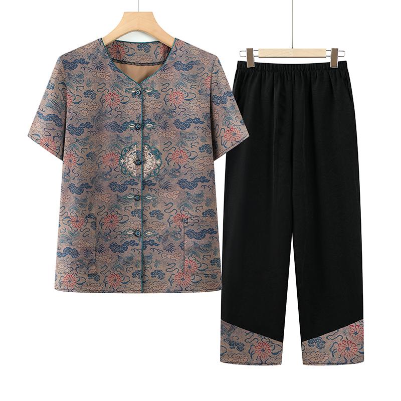 Elderly Women s Summer Short-Sleeve Set: Grandma s Cardigan & Shirt for 70-Year-Olds XXL