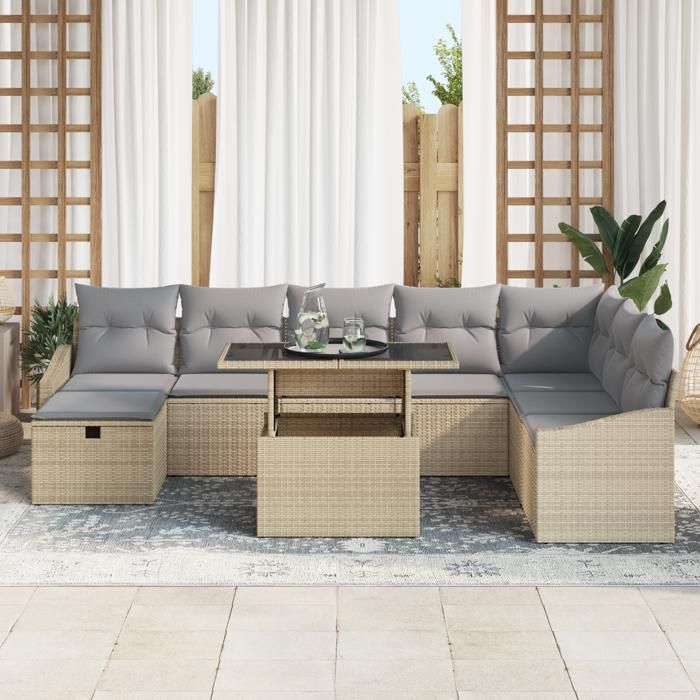 VidaXL Ensemble de Canapés de Jardin 9 Pièces avec Coussins Beige Rattan 3359857