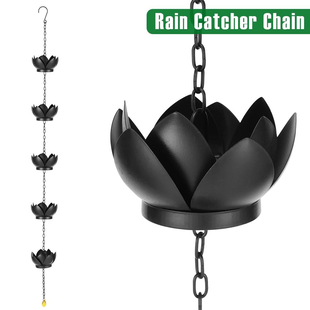 Rain Catcher Chain Metal Imitation Water Lily Rain Chain with Hook Adjustable Length Rain Chain Cup for Gutter Downspout Outdoor