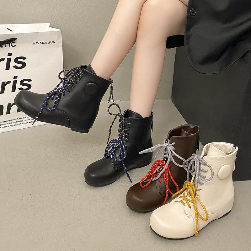 Pink dog retro polished round head thick heel short boots design sense versatile lace-up British style Martin boots medium boots autumn