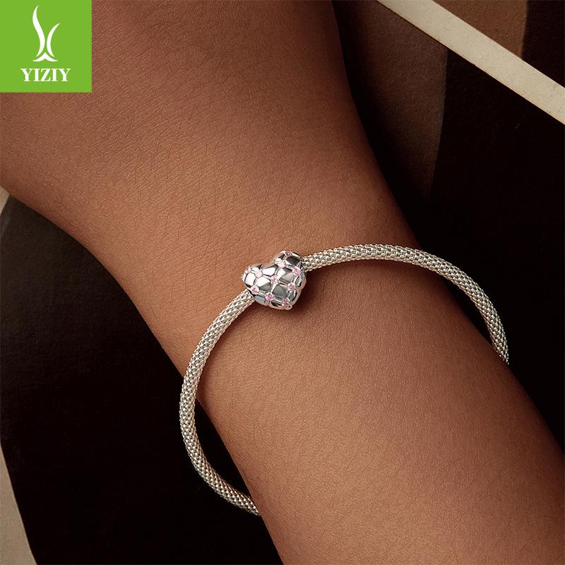 Pink Rhombus Love S925 Sterling Silver Bracelet Beaded, Romantic Girl Heart Diy Beads Loose Beads