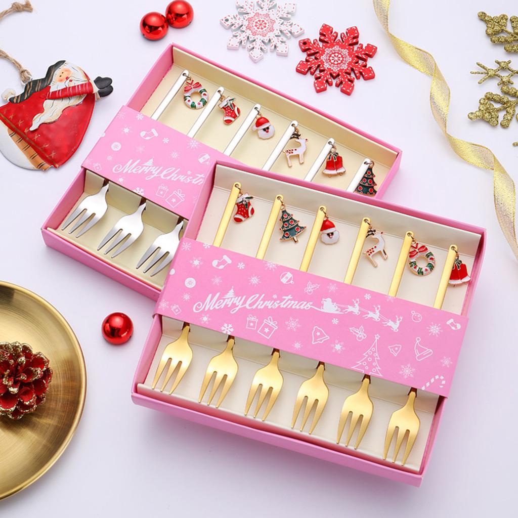 Stainless Steel Material Fruit Forks Christmas Snack Dessert Forks Food Pick Set