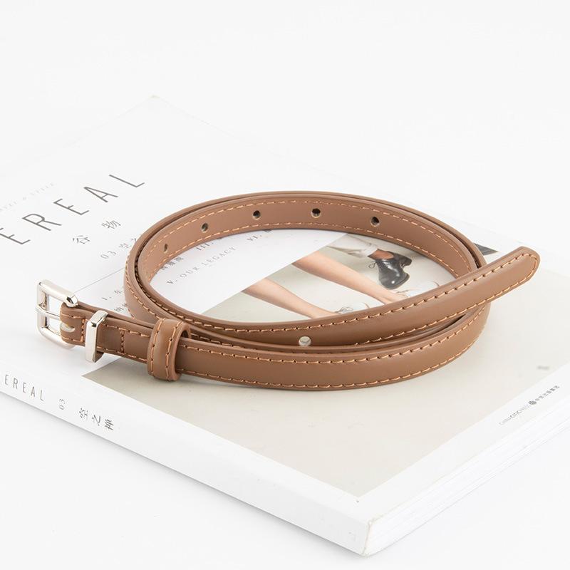 Genuine Leather Retro Silver Buckle Waist-hugging Slim Belt for Women Versatile Dress Simple Decorative Women's Slender Belt