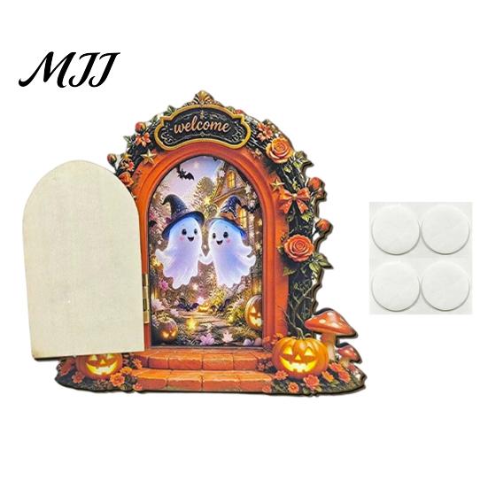 Unique Halloween Shelf Decor Mouse Hole Wall Decoration, Retro Arched Fairy Door with Pumpkin Cute Room Accessories & Flower Decor, Miniature Openable