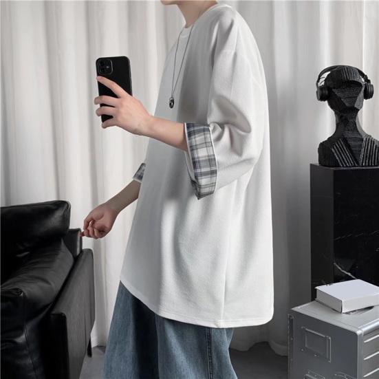 Men T-shirt Plaid Patchwork O-Neck 3/4 Sleeve Solid Color Streetwear Spring Summer Loose Tee Top Men Clothes