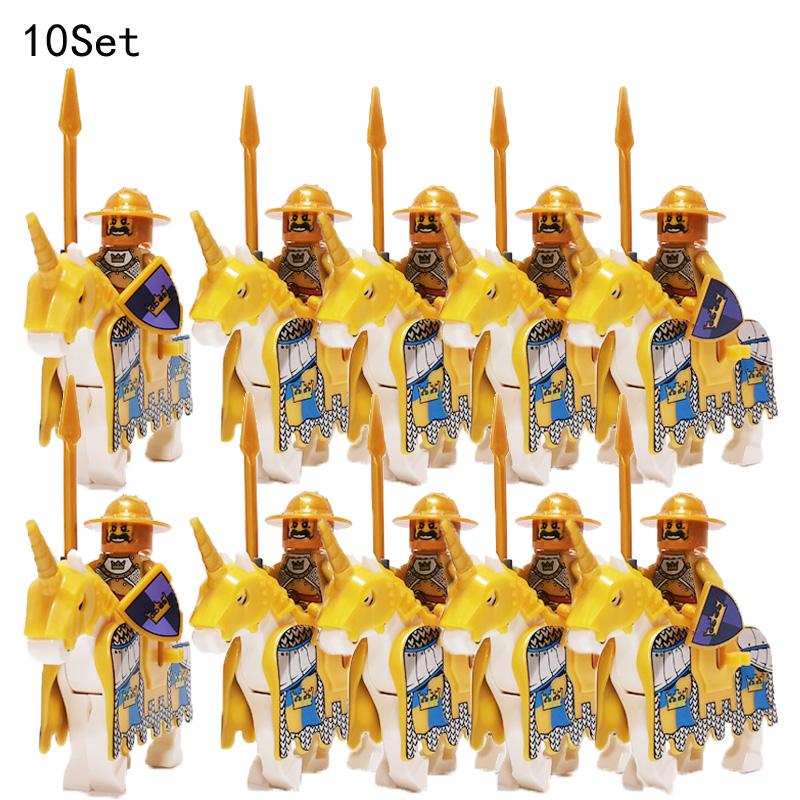 10 Sets Medieval Castle Knight Royal King's Red Dragon Black Warrior Soldier Rider with Horse Building Blocks Toys for Children