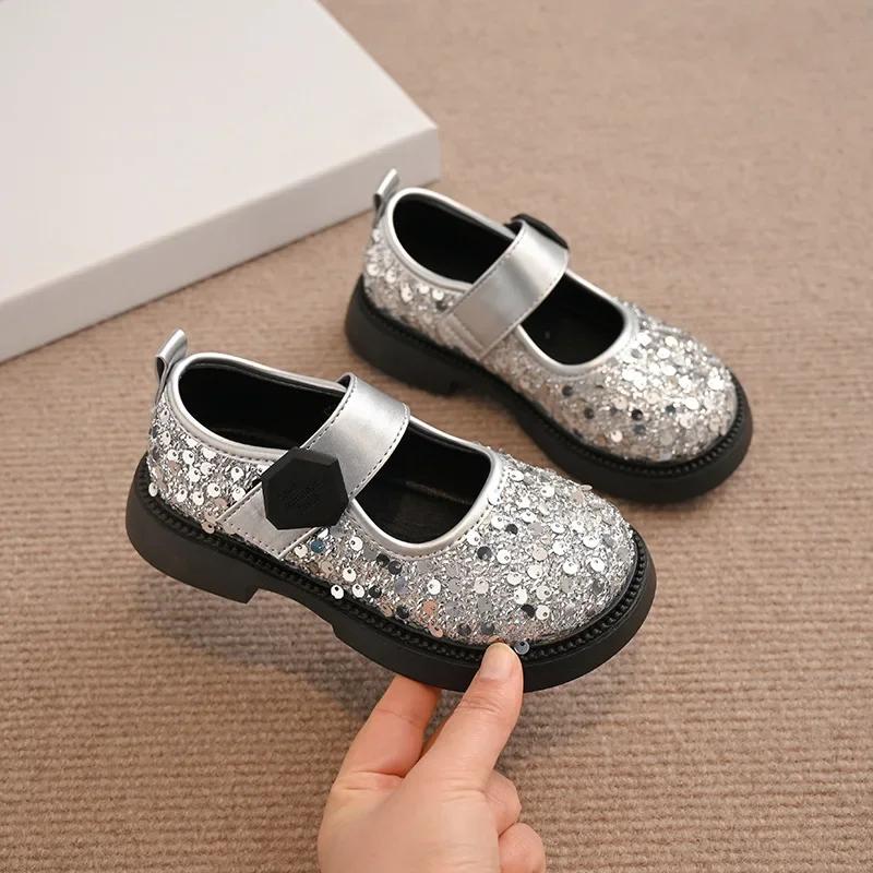 Girls Princess Shoes with Shiny Sequin Kids Leather Shoes Round Toes Hook&loop 2025 New Fashion Children Flat Shoes Non-slip