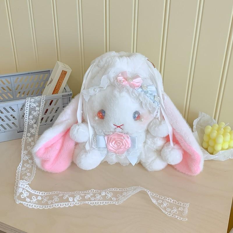 Lolita Plüsch Hasen Tasche mit Schleife, Perlenkette und Herz Design - Süße Girly Umhängetasche