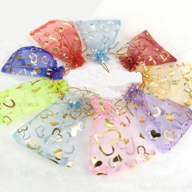 50pcs Polyester Organza Gift Bags, Love Heart Design, for Jewelry and Bead Packaging, with Drawstring Closure