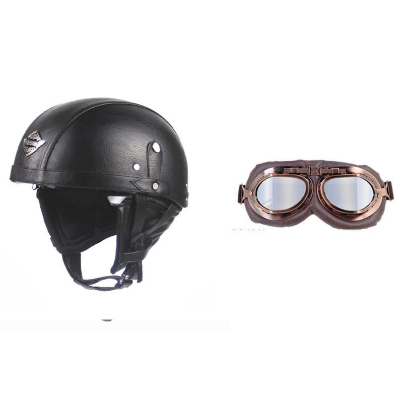 Retro Open Face Motorcycle Helmet Leather Cruiser Scooter Adult