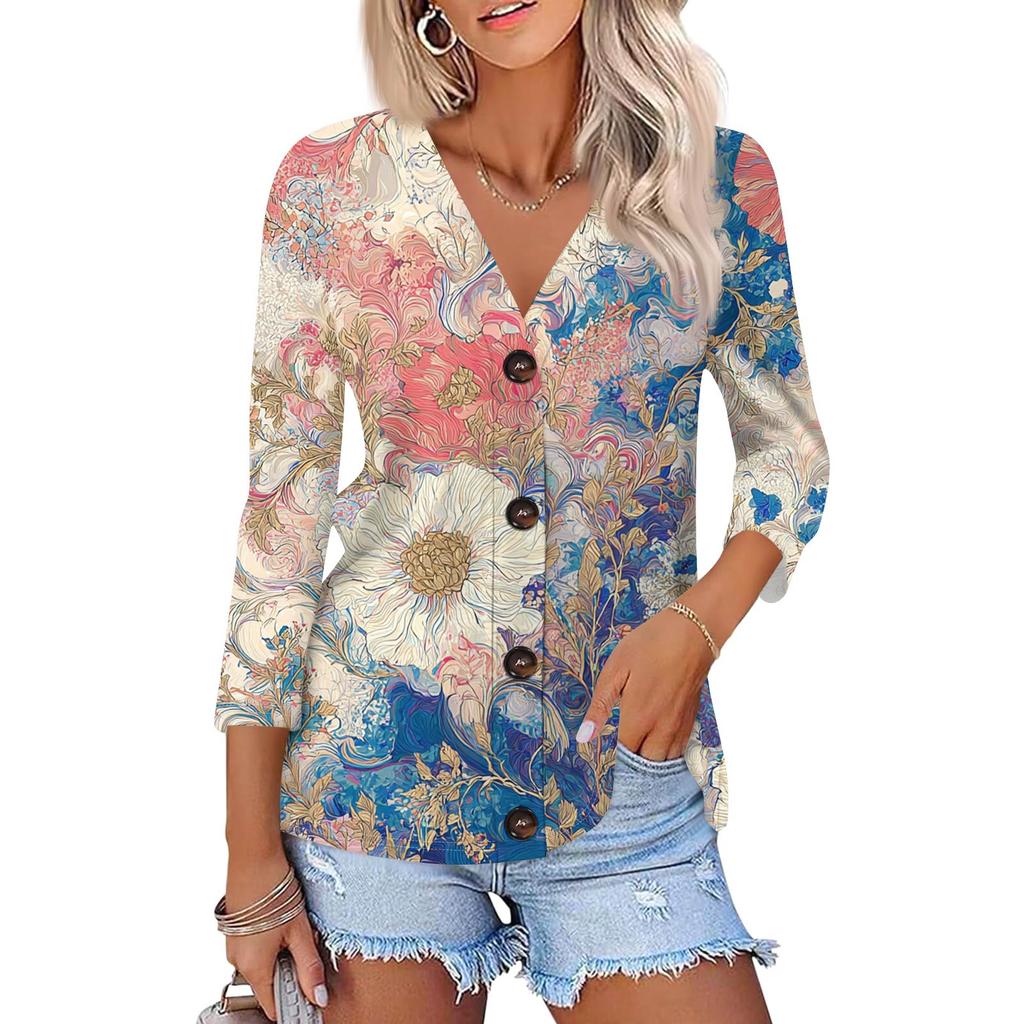 Women's Fashion Casual Print Button-down Shirt 3/4 Long Sleeve Tops