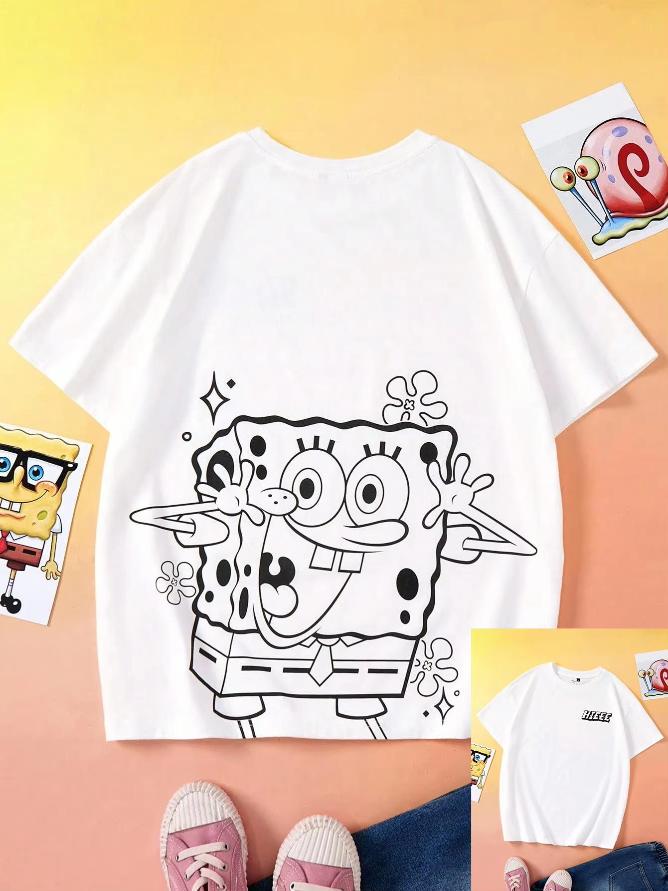 

SpongeBob SquarePants Mens Womens Casual Cute Cartoon Letter Graphic Loose Fit White TShirt Unisex Shirt Y2k Clothe 4XL