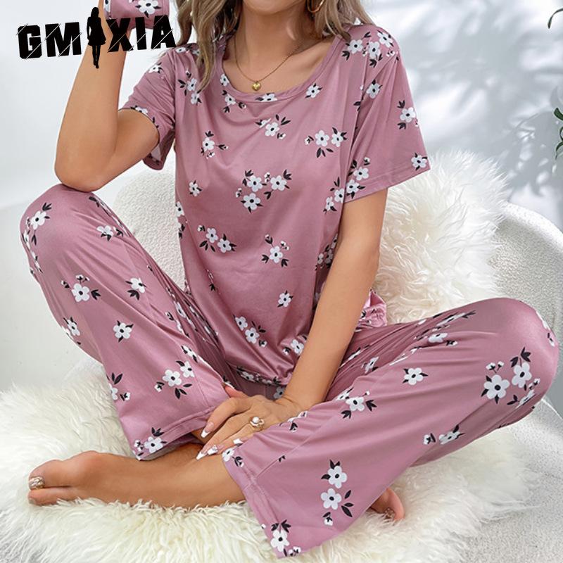 

GMXIA Женский домашний костюм с круглым вырезом, короткими рукавами и длинными брюками, с принтом маски для глаз, комплект из 3 предметов XXL розовый