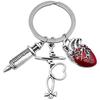 Antique Silver Syringe & Stethoscope Keychain with Red Heart ECG Pendant