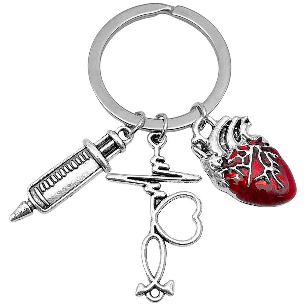 Antique Silver Syringe & Stethoscope Keychain with Red Heart ECG Pendant