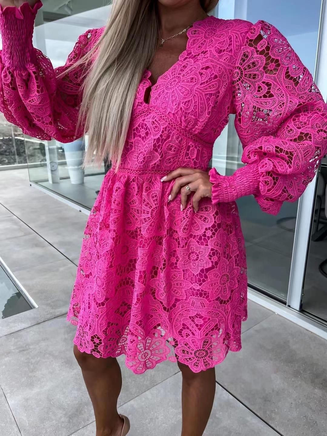 

European and American new sexy hollow water-soluble lace temperament commuter dress XXL рожевий червоний колір