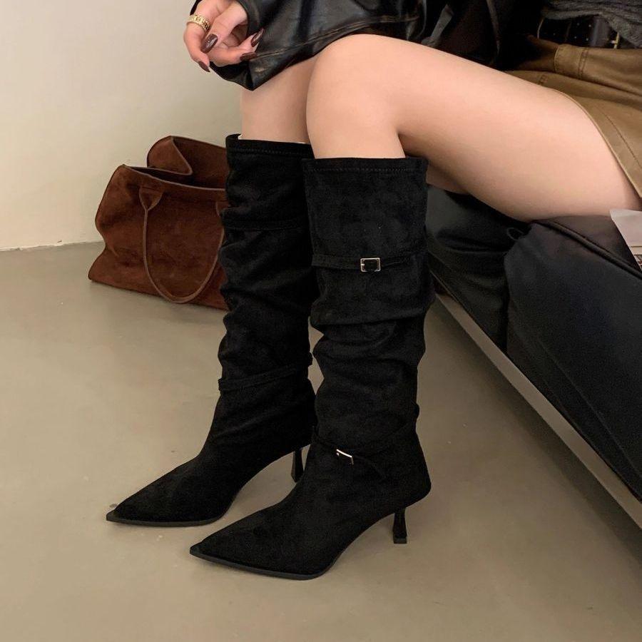 Boots women's boots 2025 autumn and winter new pointed high heels thin heels not tired feet Maillard super fire pile boots