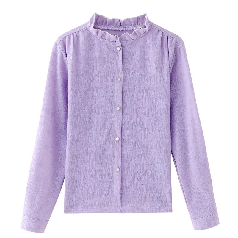 Spring 2025 Ruffled Stand Collar Jacquard Women's Long Sleeve Top