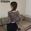 Oberteil mit Leopardenmuster Langarm Slim Fit Kurze Crop-Tops Damen Koreanisch Skinny Slim Unterhemd Babes Nische T-Shirt Y2k Tee