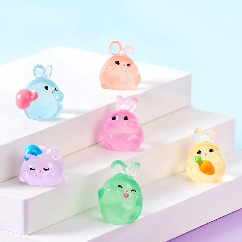6 Piece Resin Rabbit Figurine Set with Glow Feature Miniatures Rabbit Ornament for Bedroom, Living Room, Study