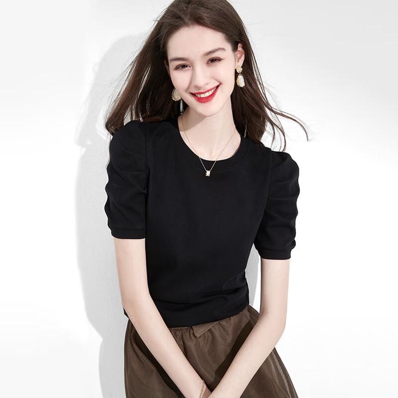 Women s Slim-Fit Puff Sleeve Round Neck T-Shirt S