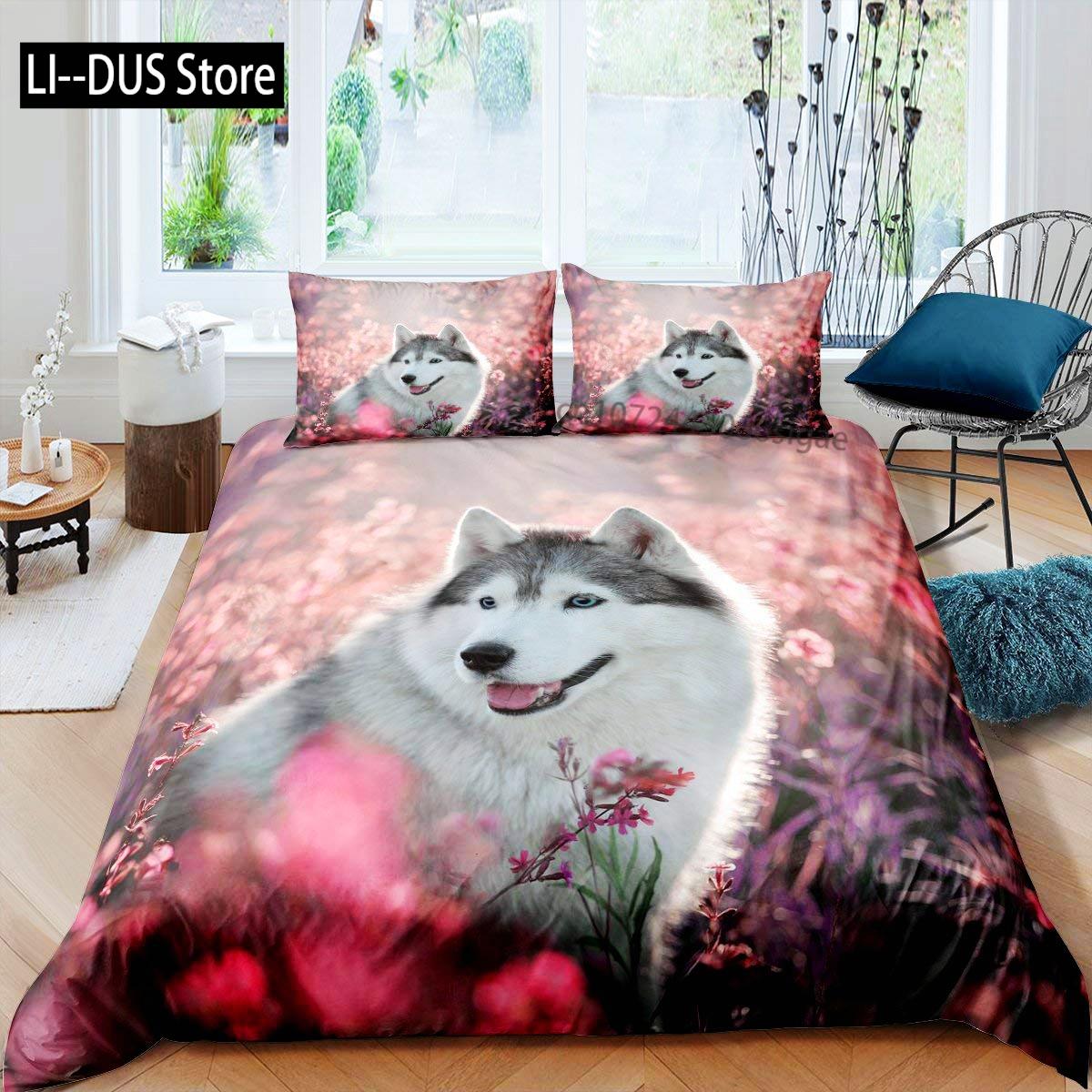 

Comforter Husky Puppy Pet Flower Floral Jungle Natural Scenery Cute Animal Bedding Set Polyester Double Queen King Comforter (quilt)-EU Single(135*200cm)3pcs