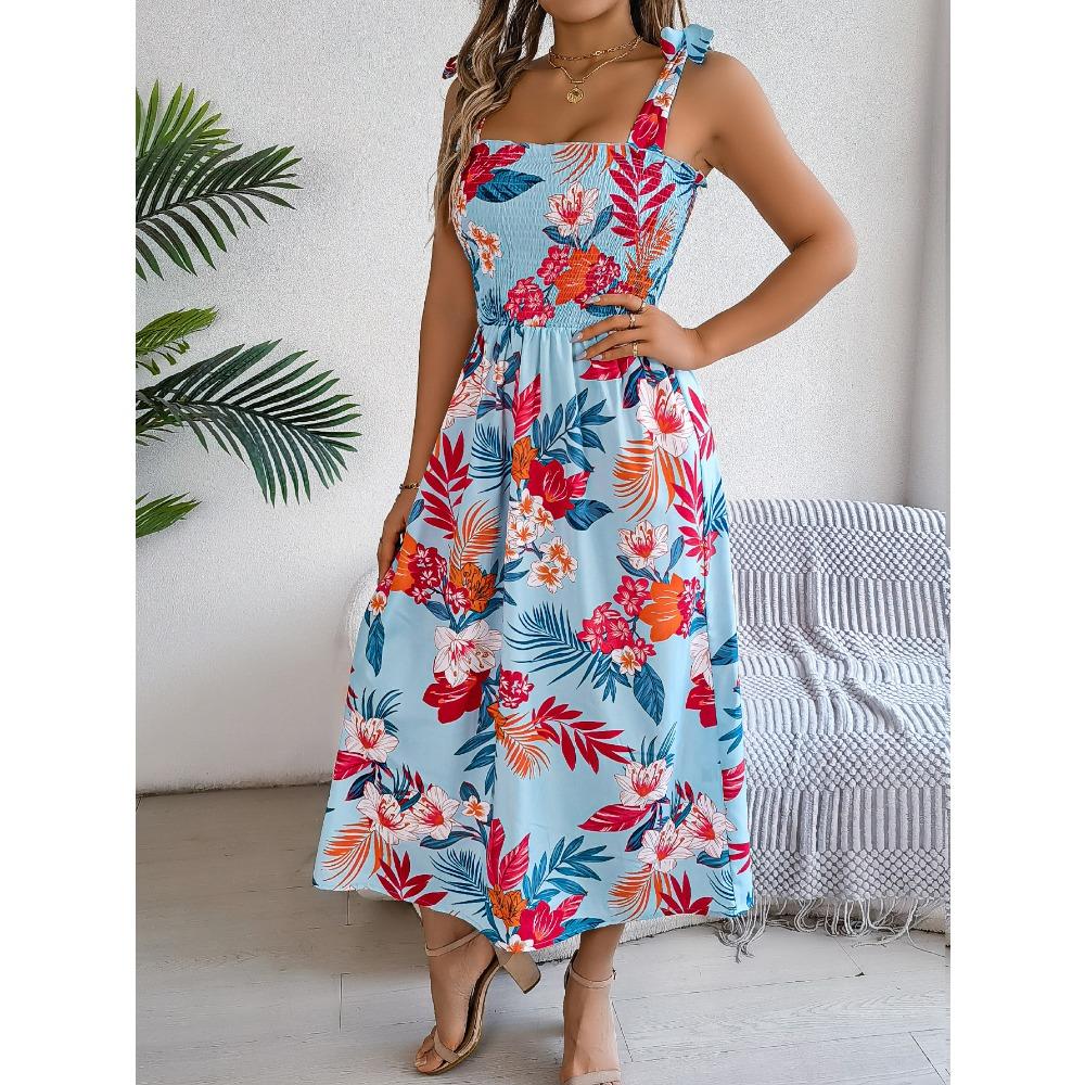 Frühlings- und Sommer-Blumen-Bindegürtel-Trägerrock Urlaub Strand Langer Rock Mode Damen Langer Rock