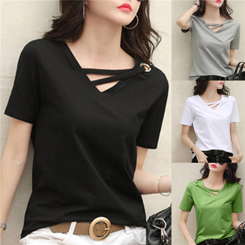 Women Summer Short-Sleeved V-Neck Top Loose Korean Style Casual Sexy T-Shirt