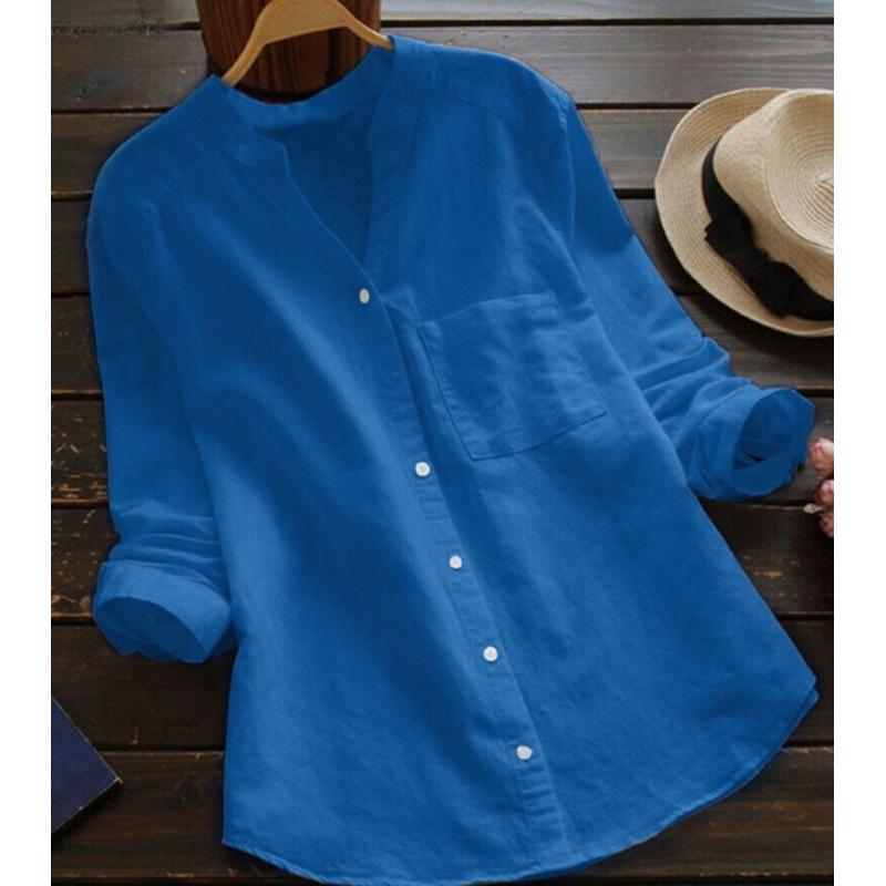 2025 Spring Women's V-Neck Cotton Linen Shirt - Long Sleeve, Loose, Plus Size, Trendy Cut Label