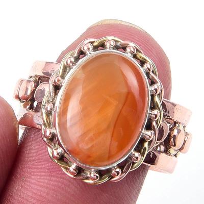 Anillo de cornalina natural en dos tonos, hecho a mano en plata de ley 925, talla 9, r9E07